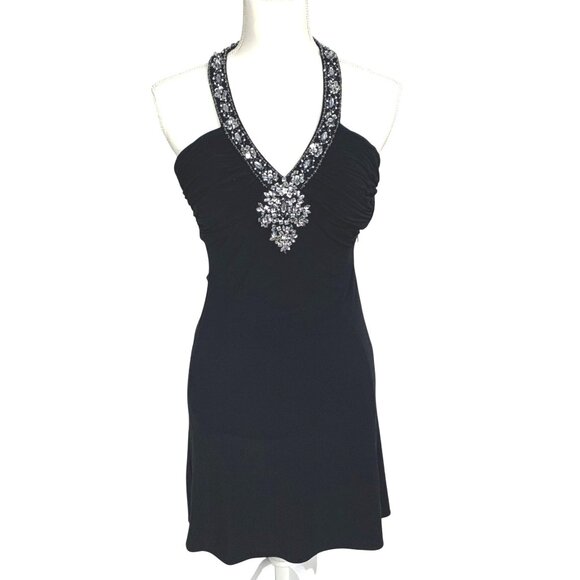 Black Halter Jeweled Jersey Cocktail Mini Dress XS Mesh Back Morgan & Co. Flowy - Picture 1 of 7